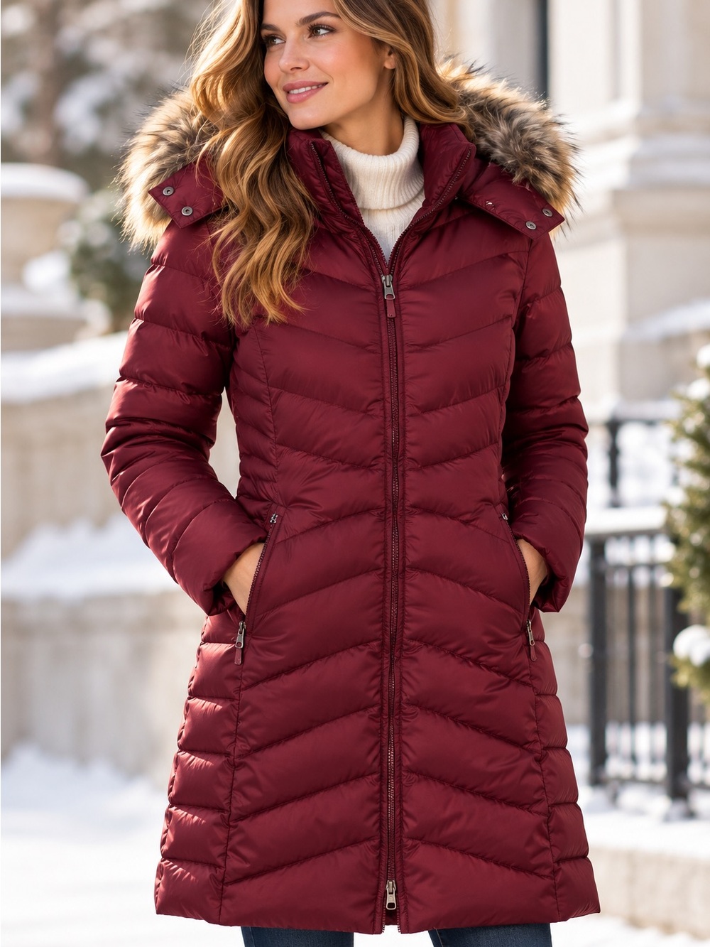 Eddie Bauer Women’s Down Puffer Coat Burgundy Faux Fur Hood Size Medium 36”